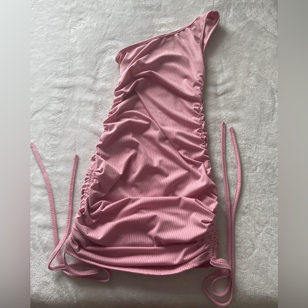 Solid One Shoulder Drawstring Side Ribbed Bodycon Dress - Picture 2 of 3